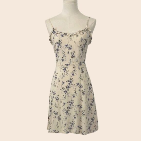 Reformation Dresses & Skirts - Reformation Light Cream & Blue Floral Mini Dress with Ruffle Neckline Size 4